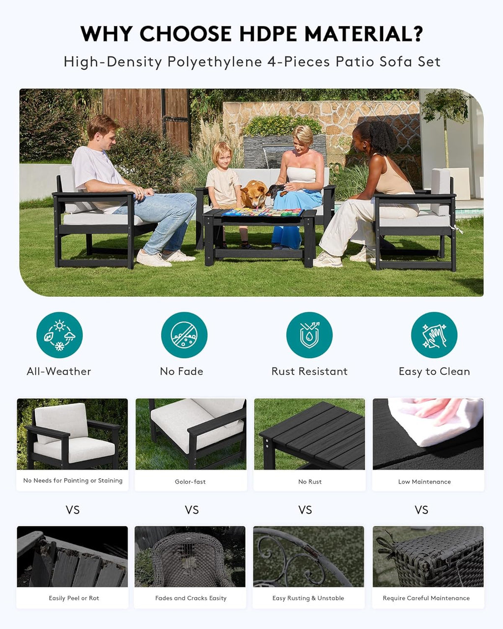 SERWALL 2 Pieces Single Cushioned Sofa Armchair, Black HDPE Adirondack Outdoor Sofa Lounge with Khaki Cushion