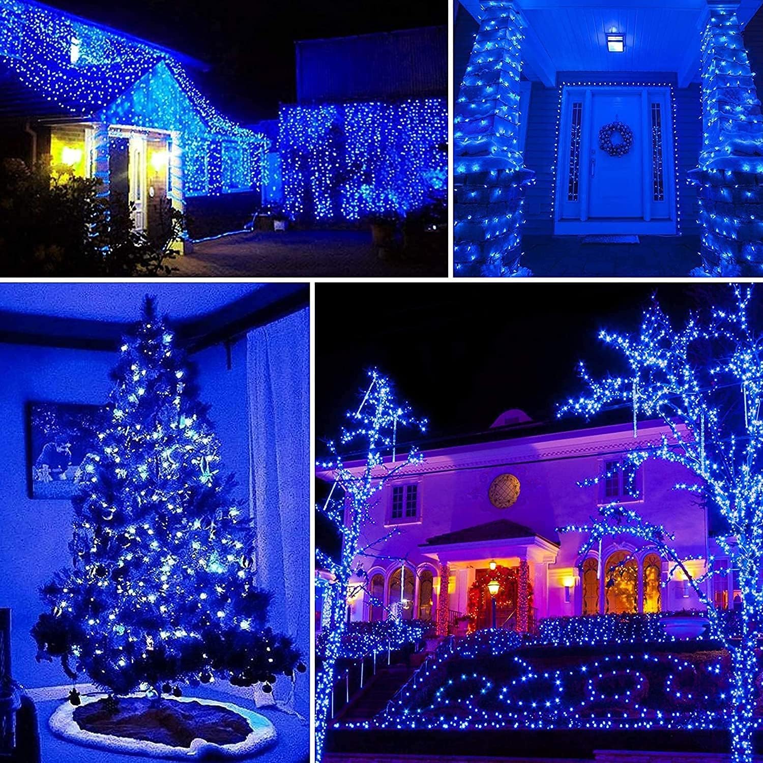 QITONG Blue Solar Fairy Lights, 4 Pack Each 33ft 100 LED String Lights Outdoor Waterproof, 8 Modes Silver Wire Twinkle Mini Lights