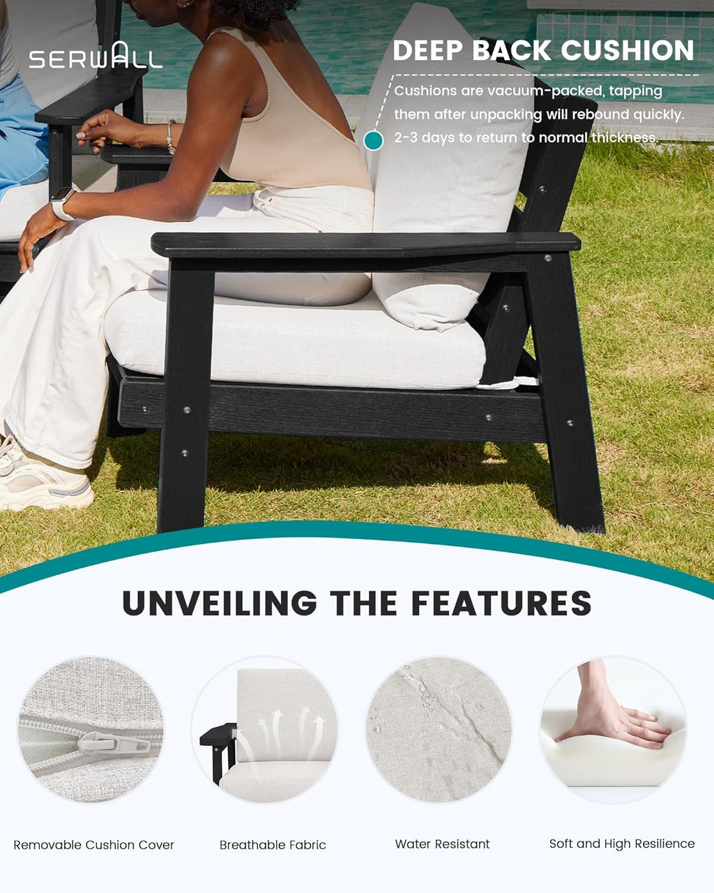SERWALL Outdoor Patio Furniture Set, 5 Piece HDPE Patio Conversation Sets, All-Weather Wood-Like Outdoor Couch Loveseat and Coffee Table with Thick Cushions for Porch Balcony Garden Backyard