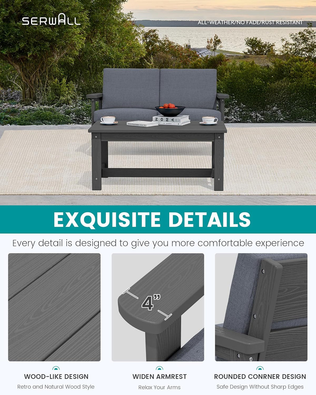 SERWALL HDPE Outdoor Patio Loveseat, Grey Frame and Grey Cushion