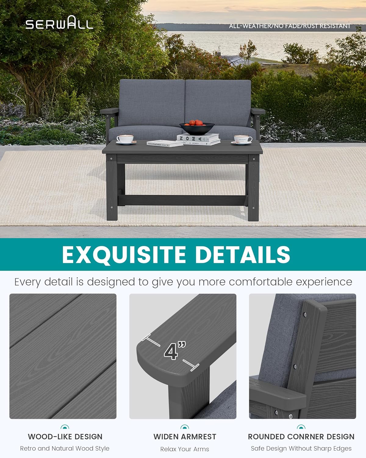 SERWALL HDPE Outdoor Patio Loveseat, Grey Frame and Grey Cushion