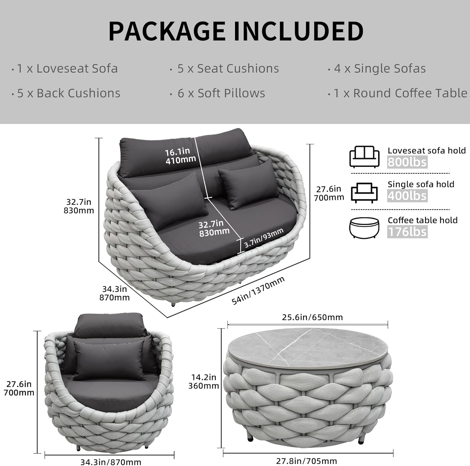 5 Pieces Patio Furniture Set Outdoor Rope Conversation Sectional Patio Sofa with 5 Seater for Backyard, Porch, Modern Armchairs with Thickness Cushions and Side Table