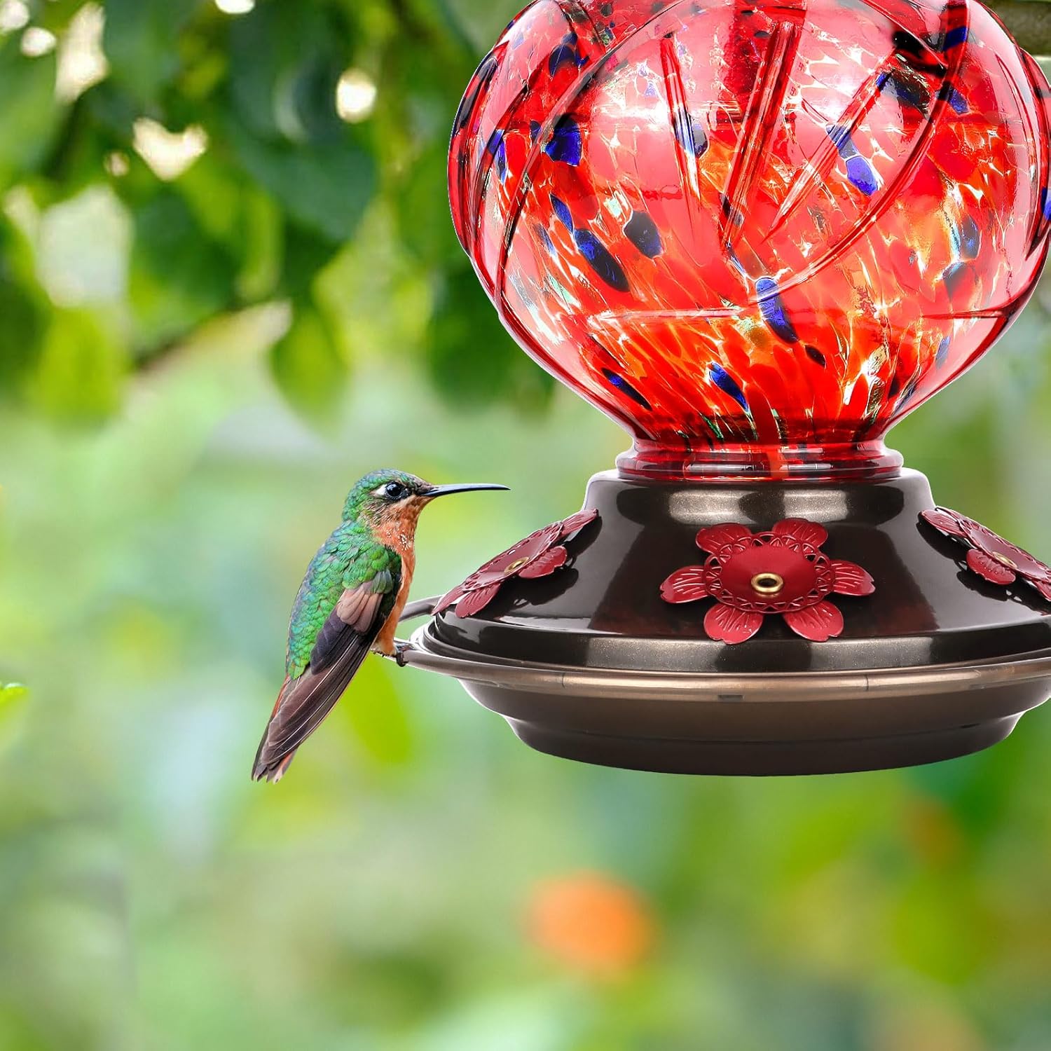 BOLITE Hummingbird Feeder, Hand Blown Glass Hummingbird Feeders for Outdoors Hanging, with Ant Moat and 5 Feeding Ports, 22 Ounces, Peony Flower Shape, Red, Gifts for Women Men, Gifts for Mom Dad