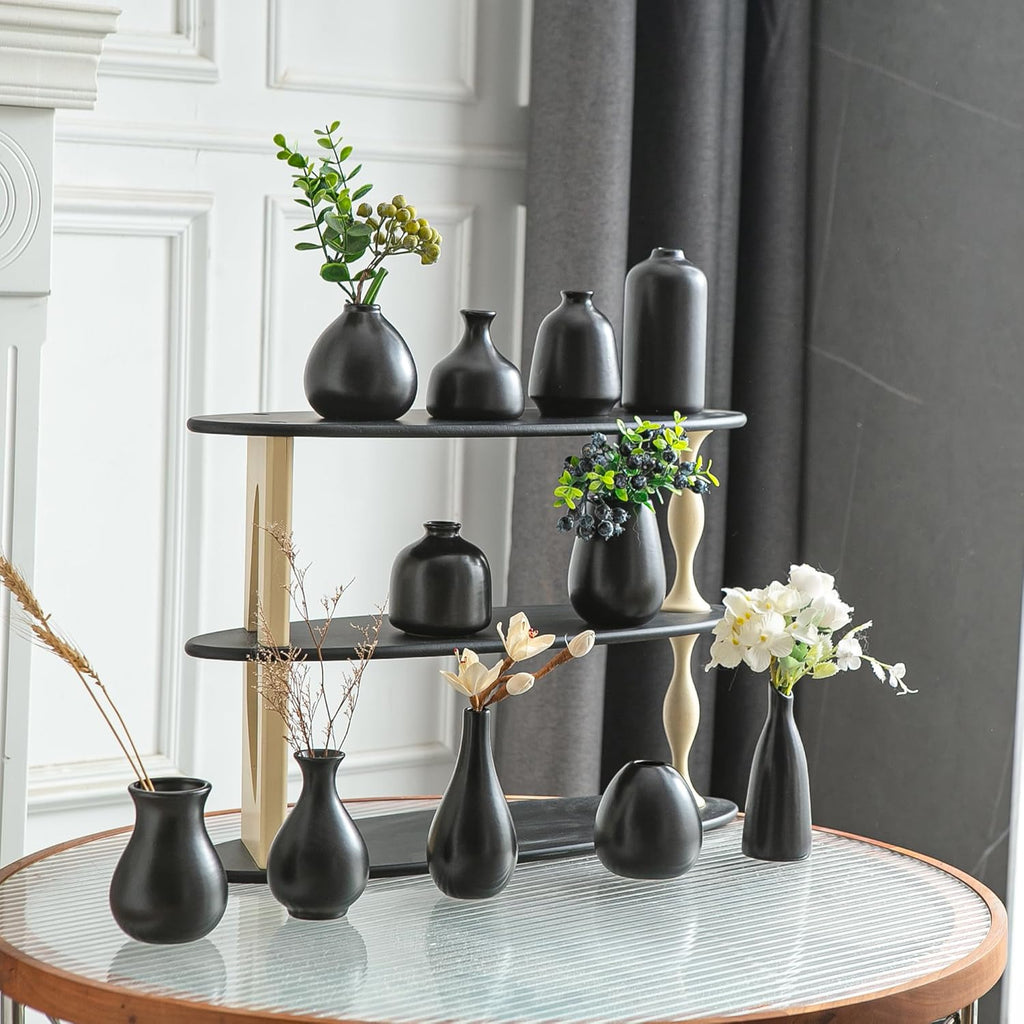 JOJUNO Black Bud Vases, Small Ceramic Vase Set of 11, Mini Pottery Vases for Flowers, Decorative Pieces for Home Modern Decor, Boho Decor, Chic Accents for Living Room Dining Table Shelves