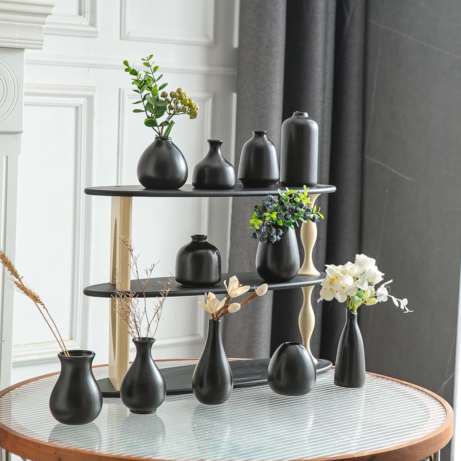 JOJUNO Black Bud Vases, Small Ceramic Vase Set of 11, Mini Pottery Vases for Flowers, Decorative Pieces for Home Modern Decor, Boho Decor, Chic Accents for Living Room Dining Table Shelves
