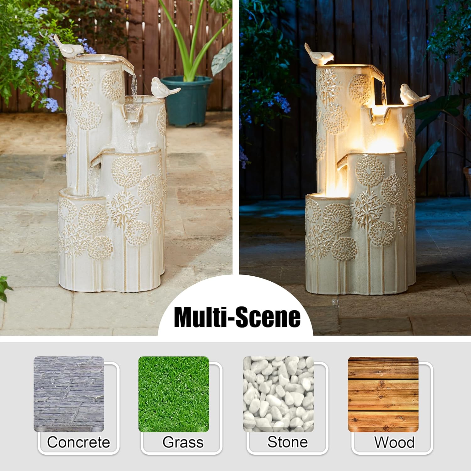 Glitzhome 31.75" H Outdoor Water Fountain with LED Lights and Pump, 4 Tier Dandelion Texture Vase Shaped Ceramic Floor Standing Fountain with Birds for Porch Deck Garden Patio Backyard, Sand Beige