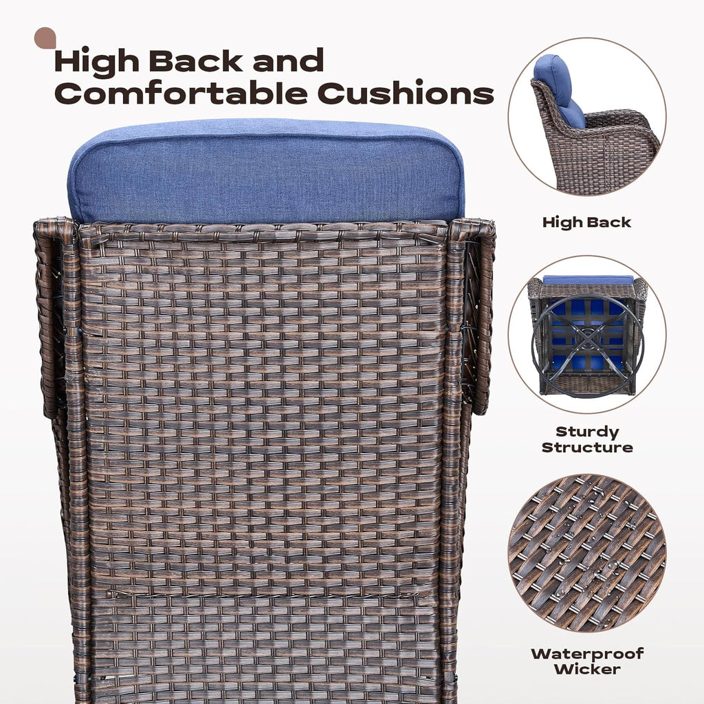 Wicker Outdoor Patio Furniture Set - 6 Piece Patio Conversation Sets with Swivel Rocker Chairs, Ottomans, Sofa and Side Table, 6 inch Cushions, Waterproof Wicker, for Porch Deck Brown/Blue