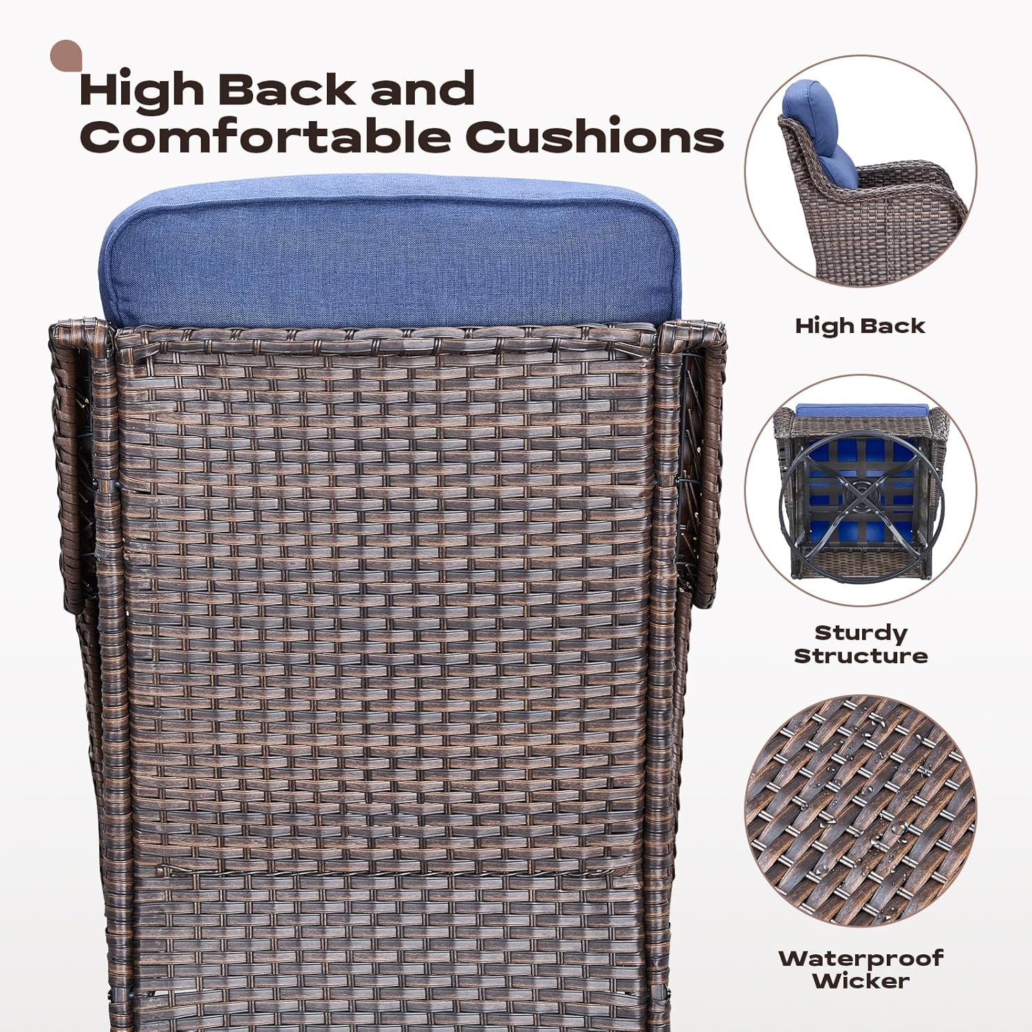 Wicker Outdoor Patio Furniture Set - 6 Piece Patio Conversation Sets with Swivel Rocker Chairs, Ottomans, Sofa and Side Table, 6 inch Cushions, Waterproof Wicker, for Porch Deck Brown/Blue