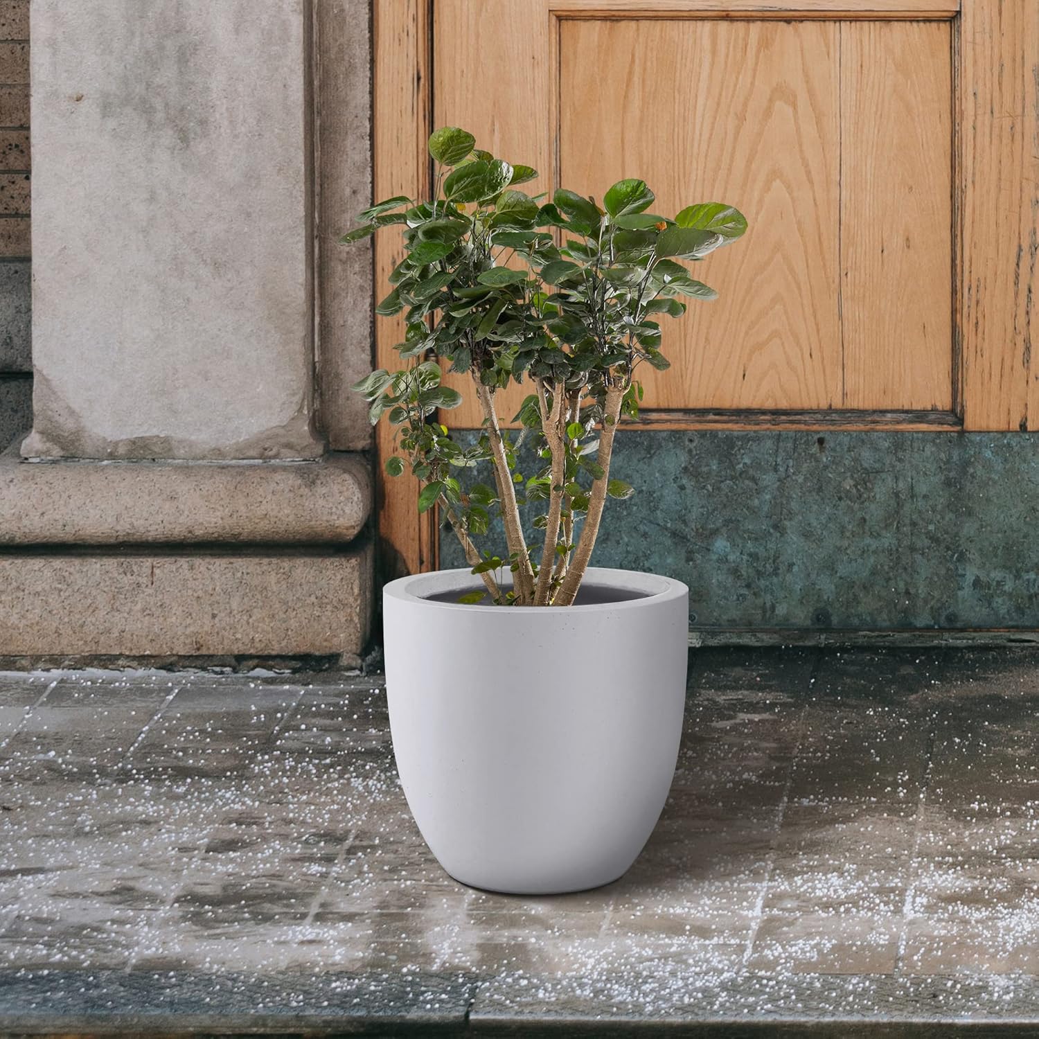 Kante 10 Inch Dia Round Concrete Planter, Indoor Outdoor Large Plant Pot with Drainage Hole and Rubber Plug for Home Patio Garden, Pure White