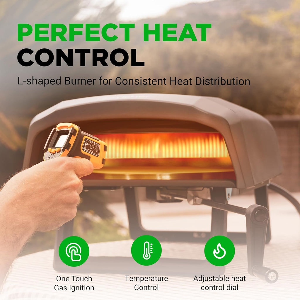 Nutrichef Outdoor Pizza Oven - Manual 360° Rotating Pizza Stone - Adjustable Heat - Includes Pizza Peel, Pizza Cutter, Stone, Cover, & Hose - Cook 12" Pizza in 60 Seconds - Long Handle