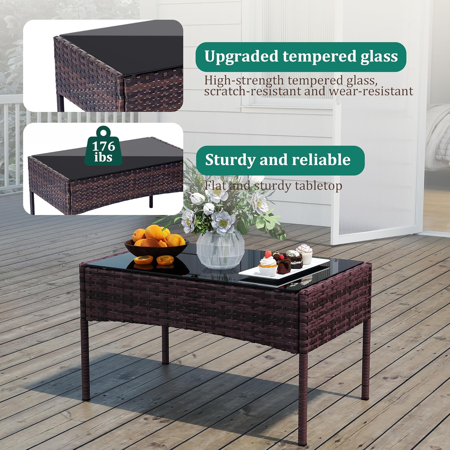 4 Piece Patio Furniture Set - Outdoor Conversation Sets with Coffee Table, Rattan Chair Set for Garden/Poolside, Brown/Red