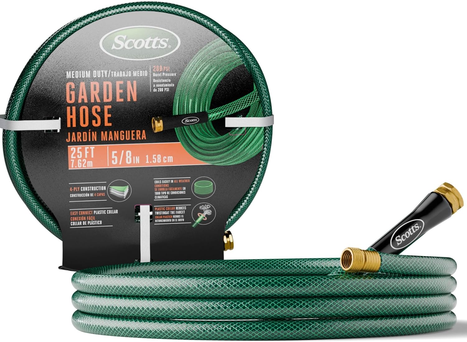 Scotts 25 ft. Garden Hose – 5/8 in. Diameter, 4-Ply Construction, 300 PSI, High-Pressure, Easy-to-Coil Water Hose with Crush-Resistant Couplings, Easy to Connect for Lawn and Garden Use