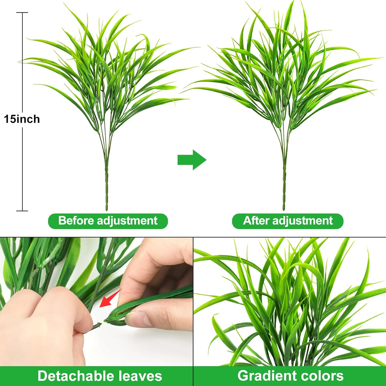 Ouddy Decor 16 Bundles Artificial Plants Outdoor Fake Grass Greenery Stems UV Resistant Faux Plastic Shrubs for Spring Summer Garden Pathway Window Box Front Porch Home Decor, Green