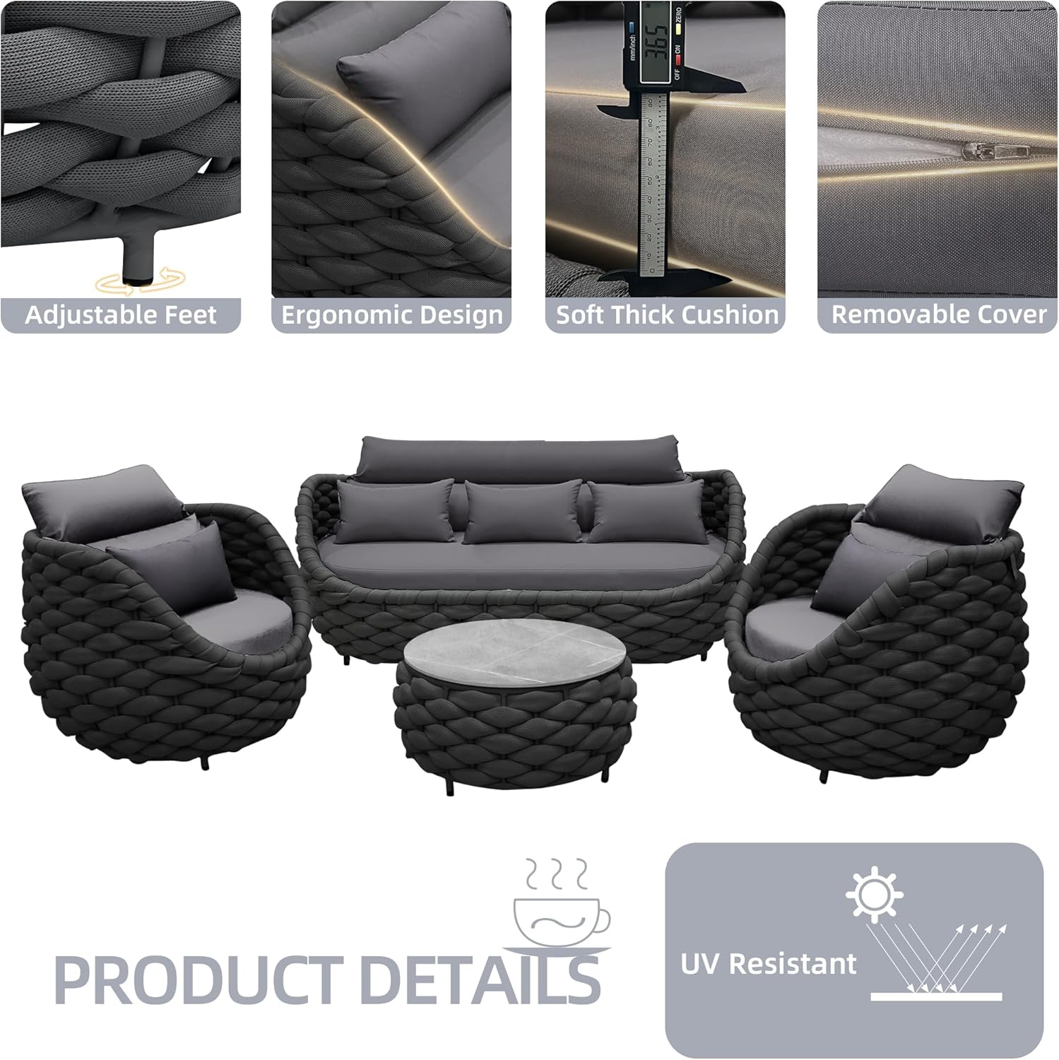 6-Piece Aluminum Patio Furniture Set, Modern Outdoor Conversation Set Sectional Sofa with Water Repellent Thick Cushions and Coffee Table for Balcony, Garden