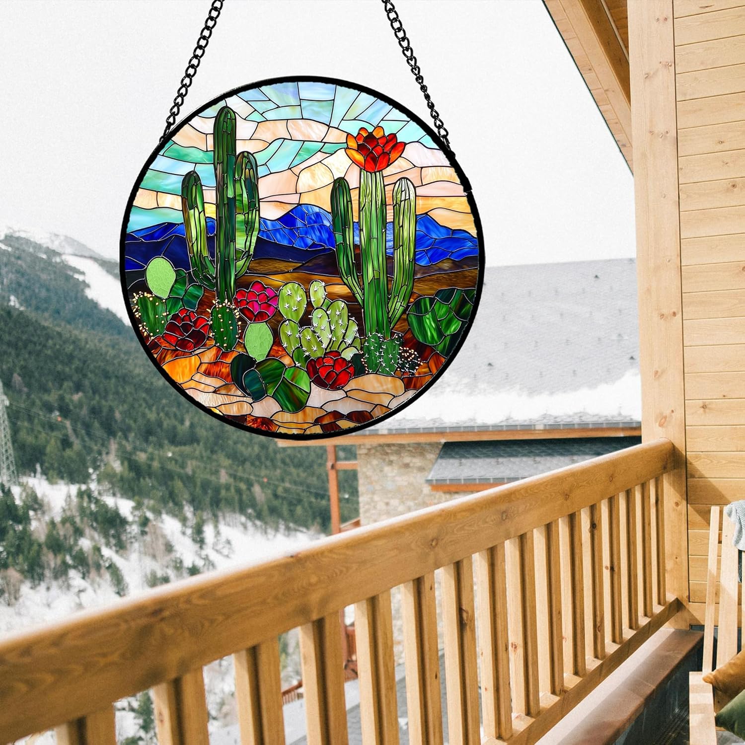 Stained Glass Window Hanging, Green Cactus Suncatcher for Doors Window Home Plant Landscape Sun Catchers Decoration Mother's Day Birthday Gifts for Women, Men, and Mom 9.8 in
