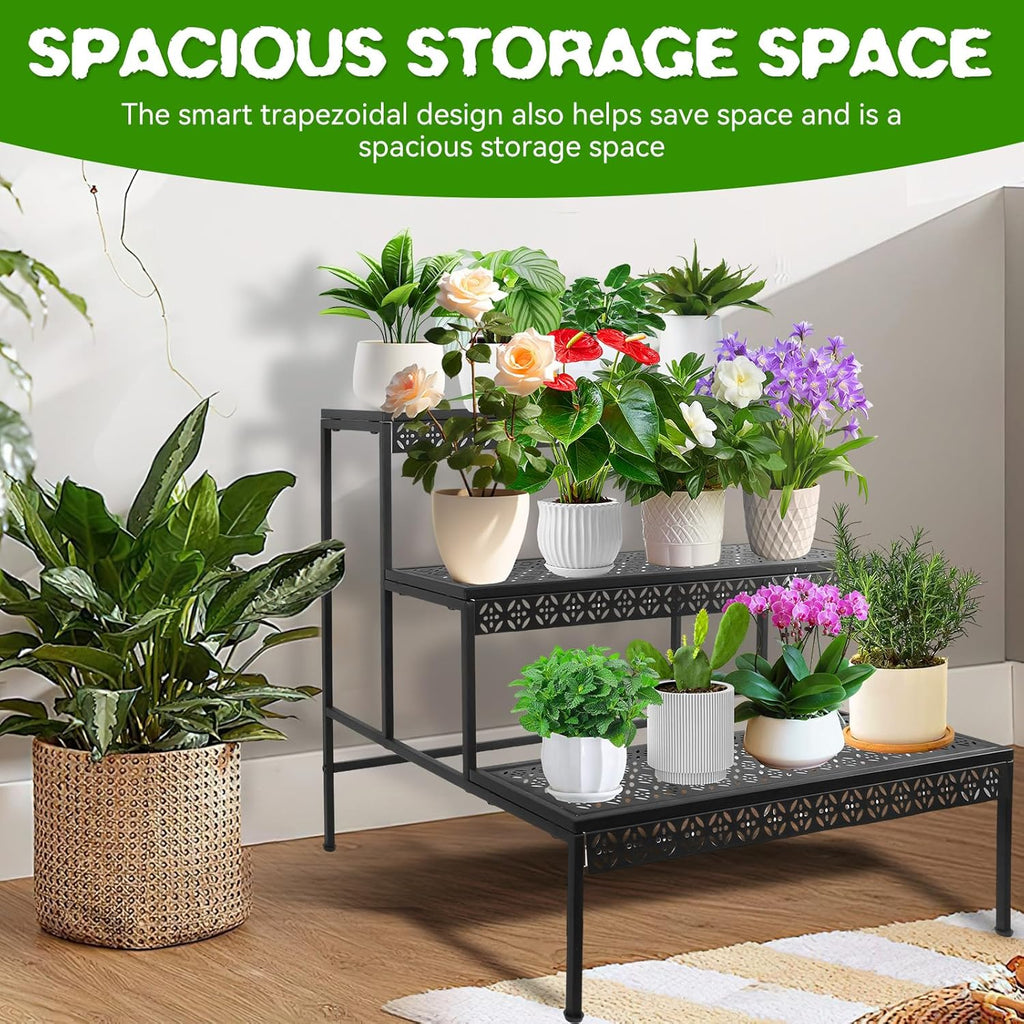 3 Tier Metal Plant Stand, Ladder Flower Pot Holder Plant Stands, Tiered Plant Stand Outdoor Storage Organizer Rack for Home Garden Patio Balcony