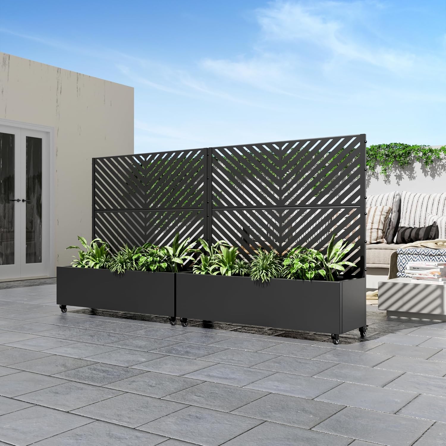 Casaphoria Metal Raised Garden Bed with Trellis and Wheels, 47"x47"x16" Planter Box for Climbing Plants, Vegetables & Vines, Features Drainage Holes and Privacy Screen (Black-Parallel)