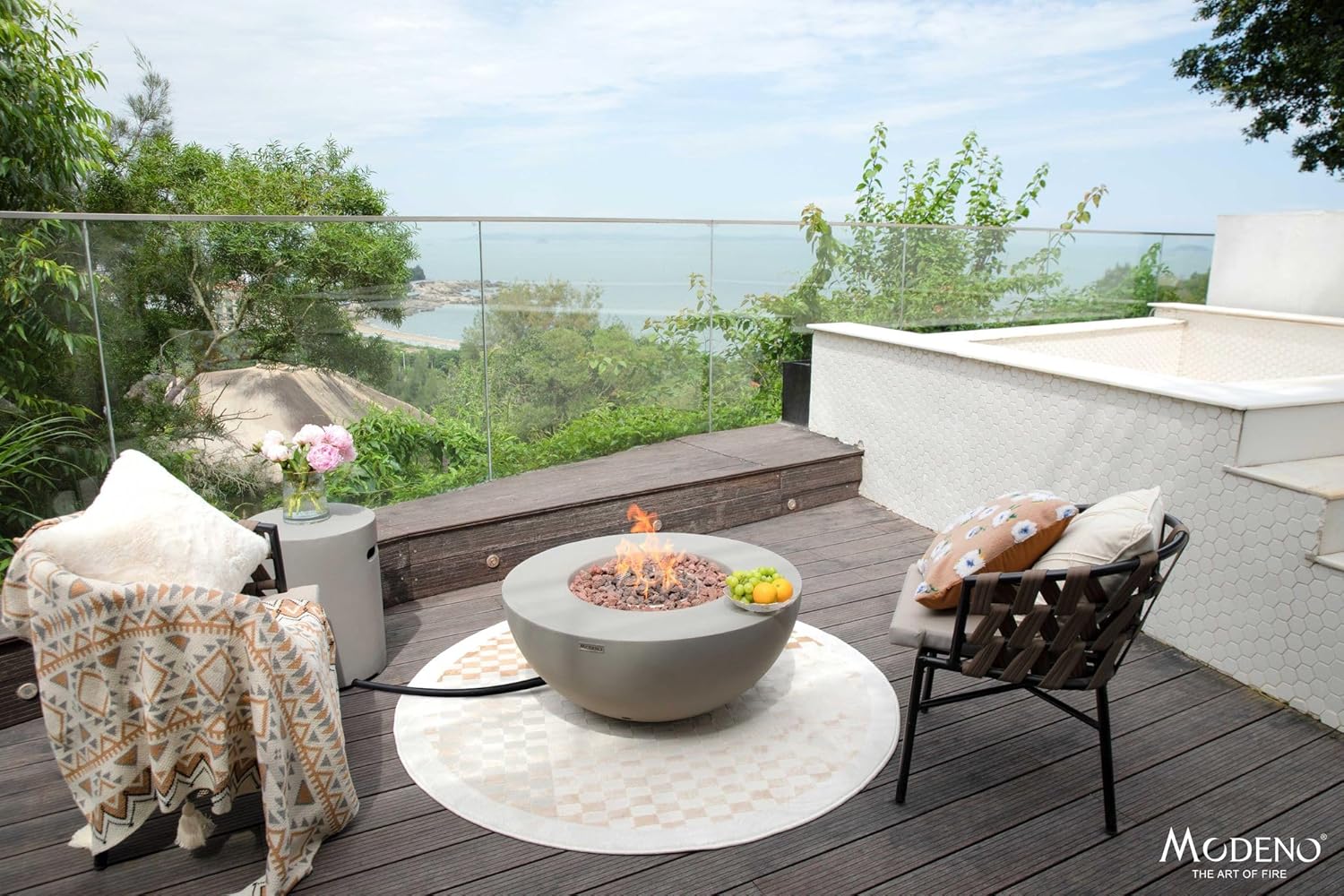 AMS Fireplace | Modeno | Roca | Fire Pit Table | Cover and Lava Rocks Included | (Fuel: Propane Gas - Light Gray)