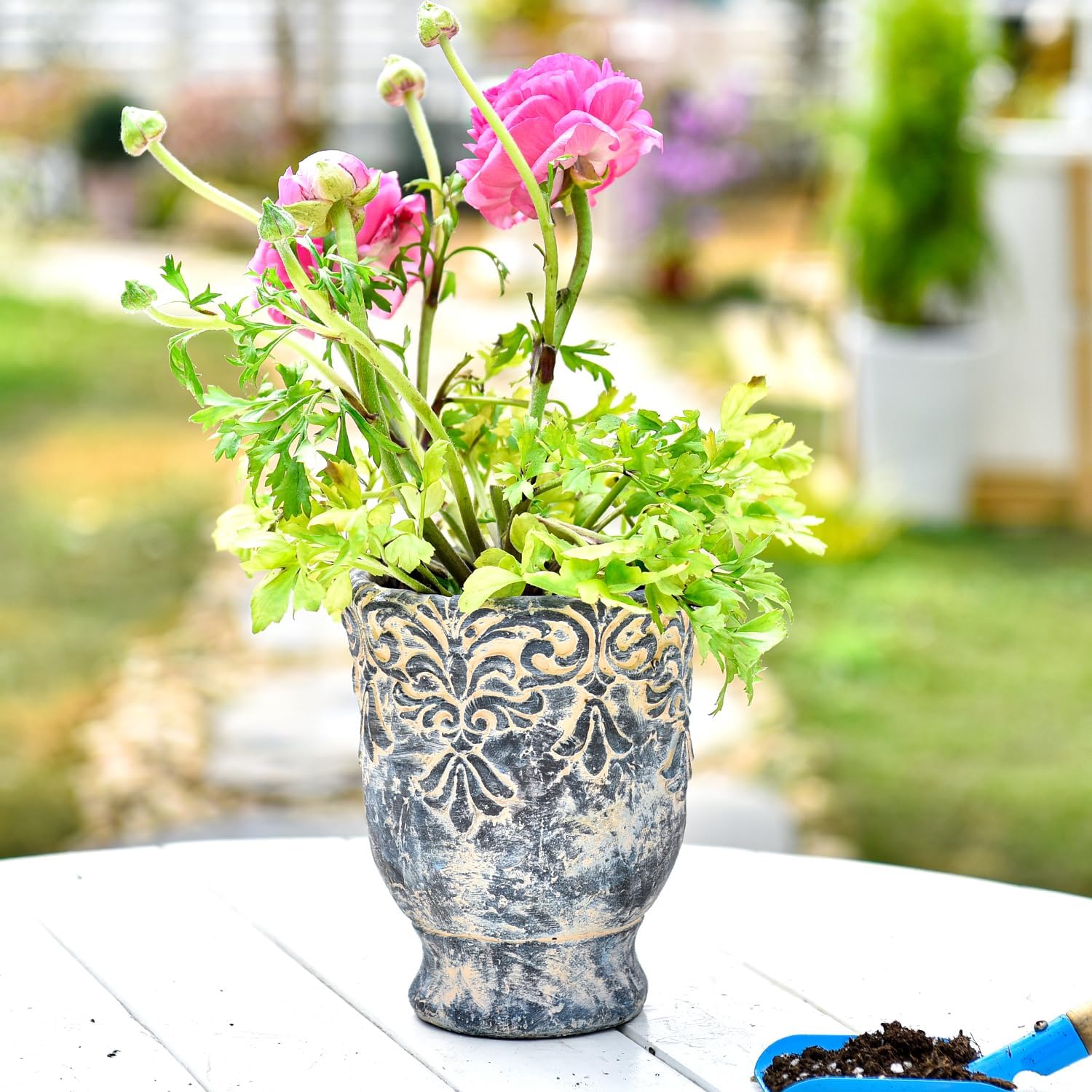 Sungmor 5.9 Inch Cement Plant Pot for Plants, Succulent Planter with Embossed Design, Vintage Concrete Flowerpots with Drainage Hole, Decorative Orchid Houseplant Pot Indoor Outdoor Plant Container