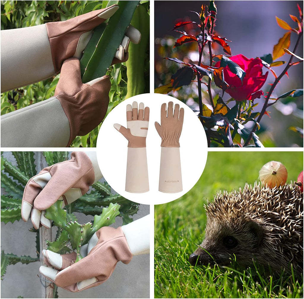 HANDLANDY Long Gardening Gloves for Men & Women, Thorn Proof Rose Pruning Gloves Leather Gauntlets Garden Glove Yard Work Glove (Medium, Brown)