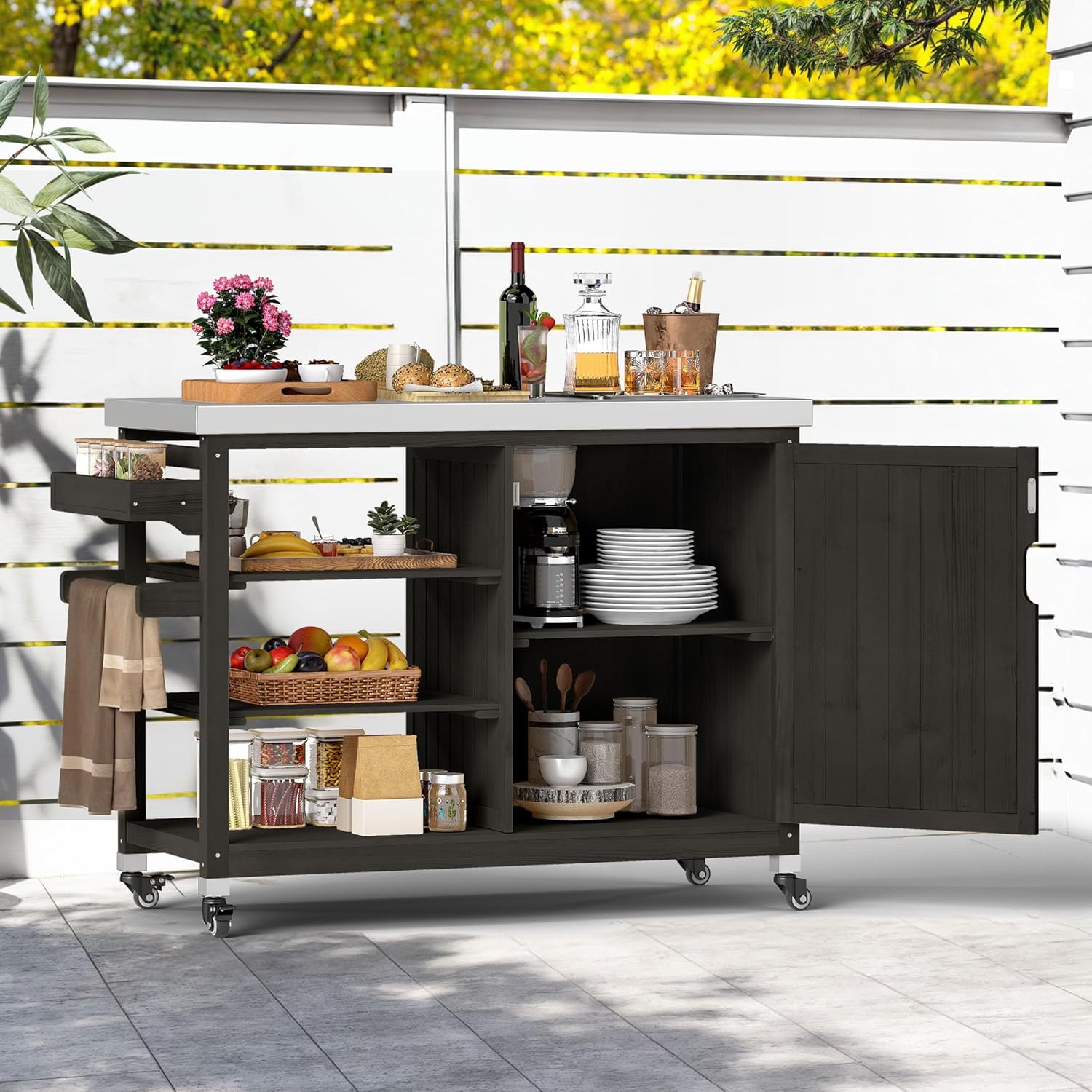 DWVO XL Outdoor Grill Table, Solid Wood Storage Table with Stainless Steel Top, Outdoor Kitchen Cart with Storage Cabinet for Patio, Kitchen Prep, Grilling Accessories, Brown