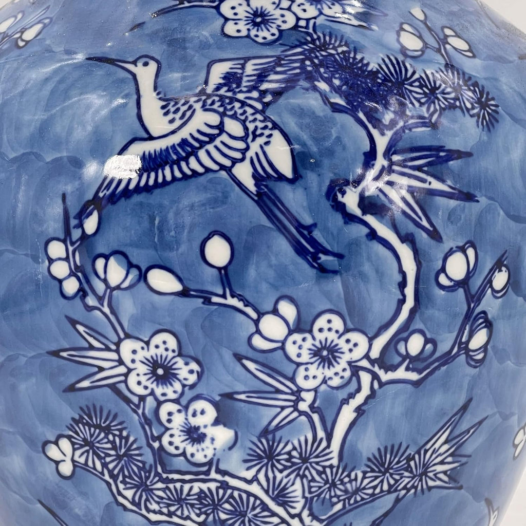 Galt International White & Blue Floral Crane Chinoiserie Ceramic Vase 14" - Hand Painted Antique Style Porcelain Bird & Flower Bottle Fishtail Porcelain Chinese Vase for Home Decor Centerpiece
