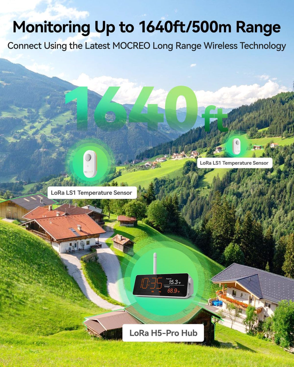 WiFi Remote Thermometer Freezer Alarm, 1/3 Mile Long Range, IP66 Waterproof, App Email Alert, with Digital Monitor Hub, 2 Smart Wireless Temperature Sensors for Fridge, RV, Greenhouse