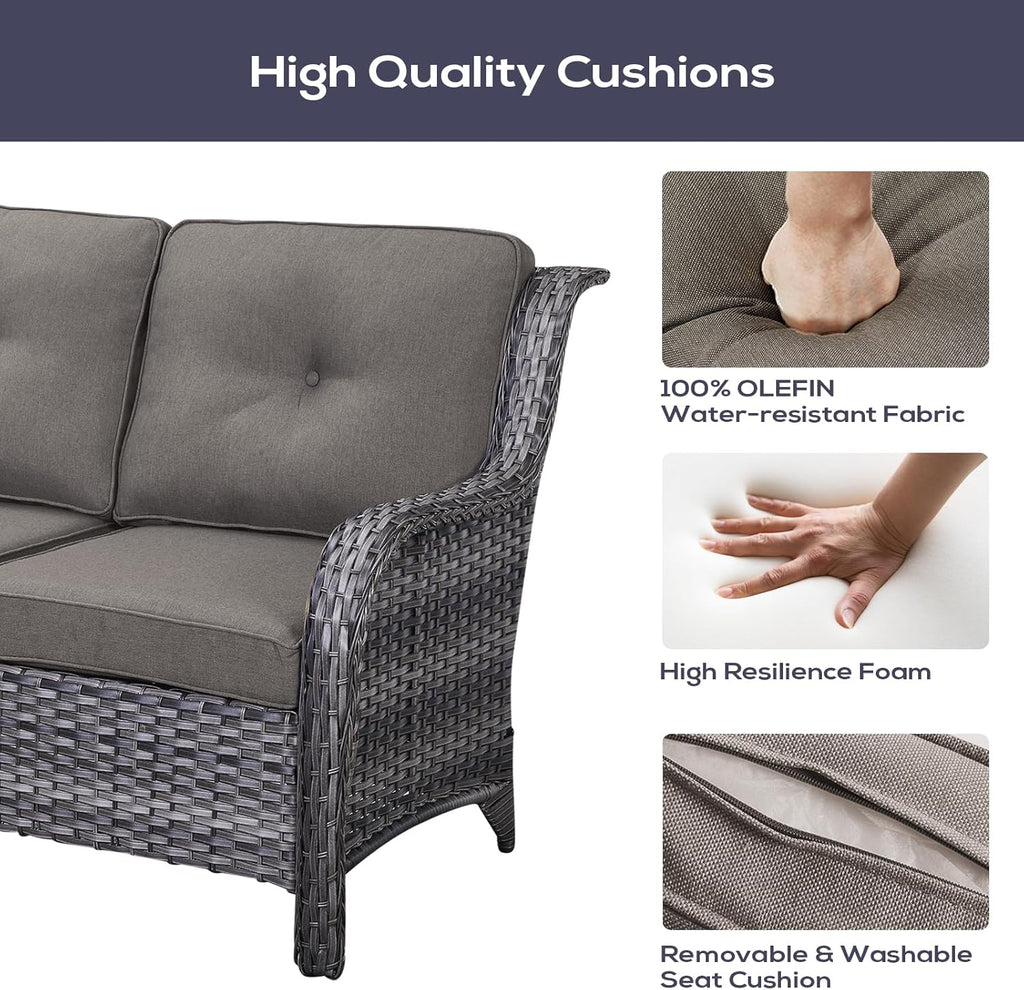 Outdoor Furniture Sectional Sofa L Shaped Couch - Patio Wicker Set with 2 Swivel Glider Chairs, 5 Piece Rattan Patio Conversation Sets with Gray Cushion for Deck Backyard Sunroom