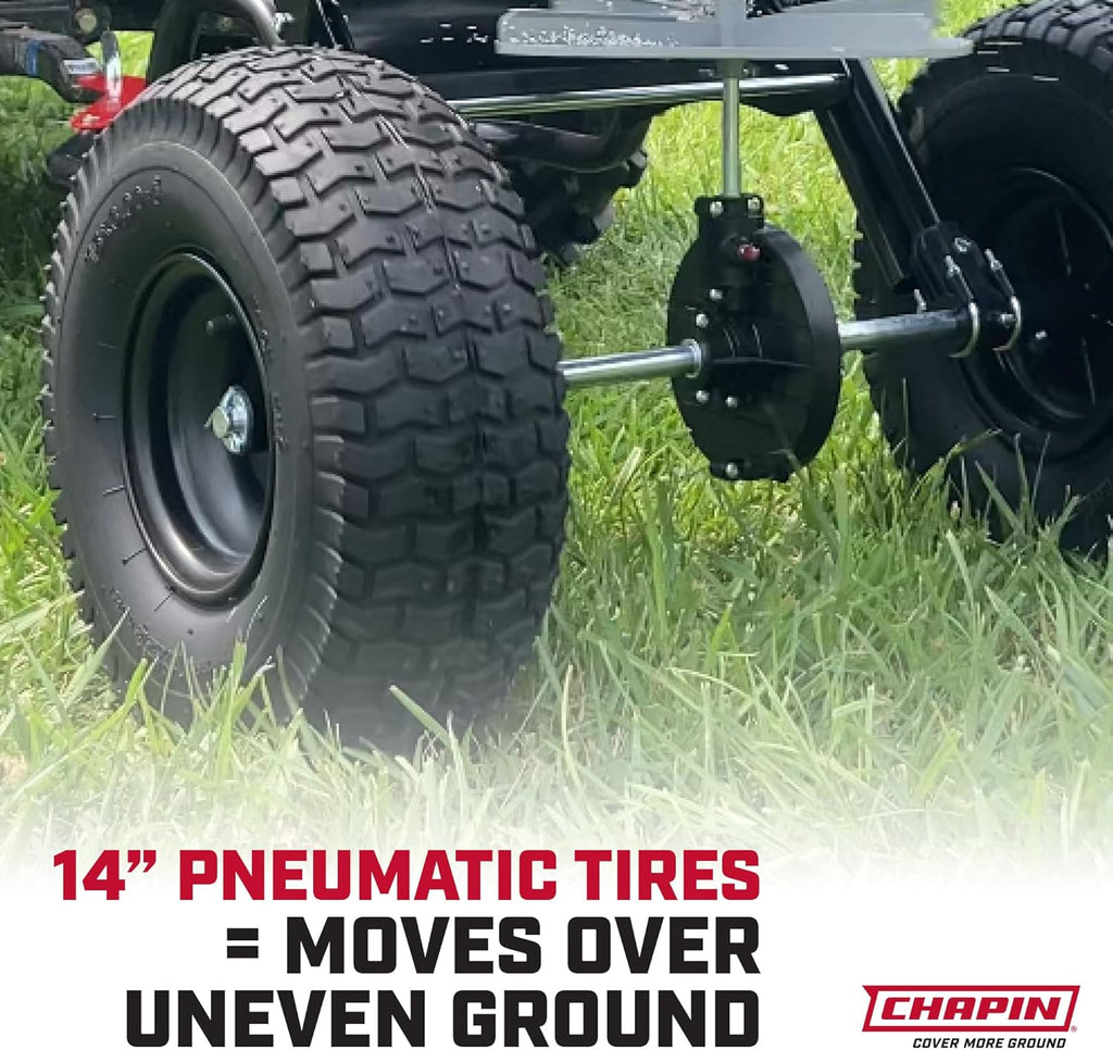 Chapin 8622B Made in The USA 2.2 Cubic Feet Tow and Pull Behind Spreader with Auto-Stop Dual Impeller That Stops When Not Moving, Designed for Farm and Tough Terrain, Hitch Pins, Black