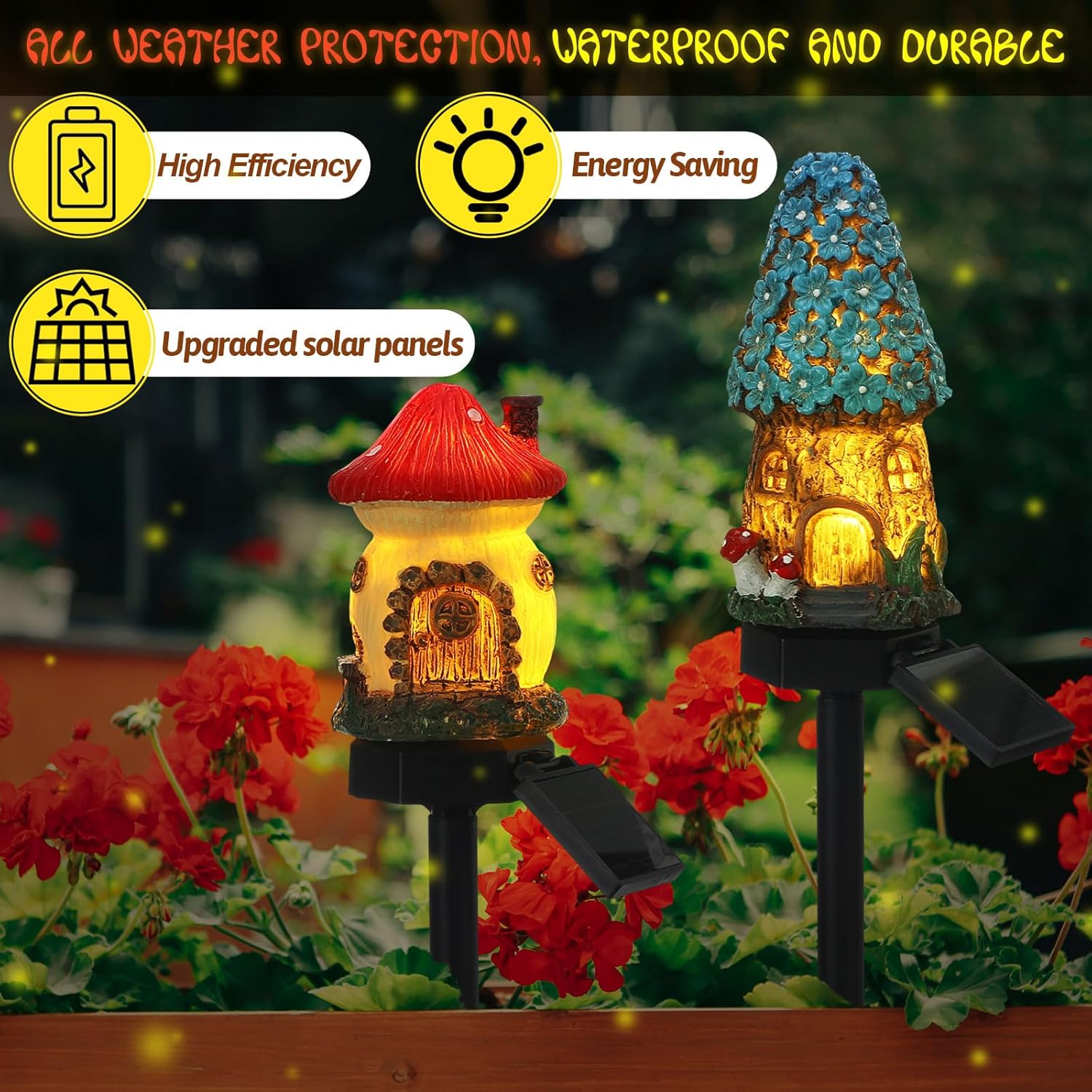 2 Pack Outdoor Garden Mushroom Fairy House Solar Light Home Statue LED Light Fairy Lights for Outside Garden Lawn Walkway Patio Yard Backyard Plant Decoration