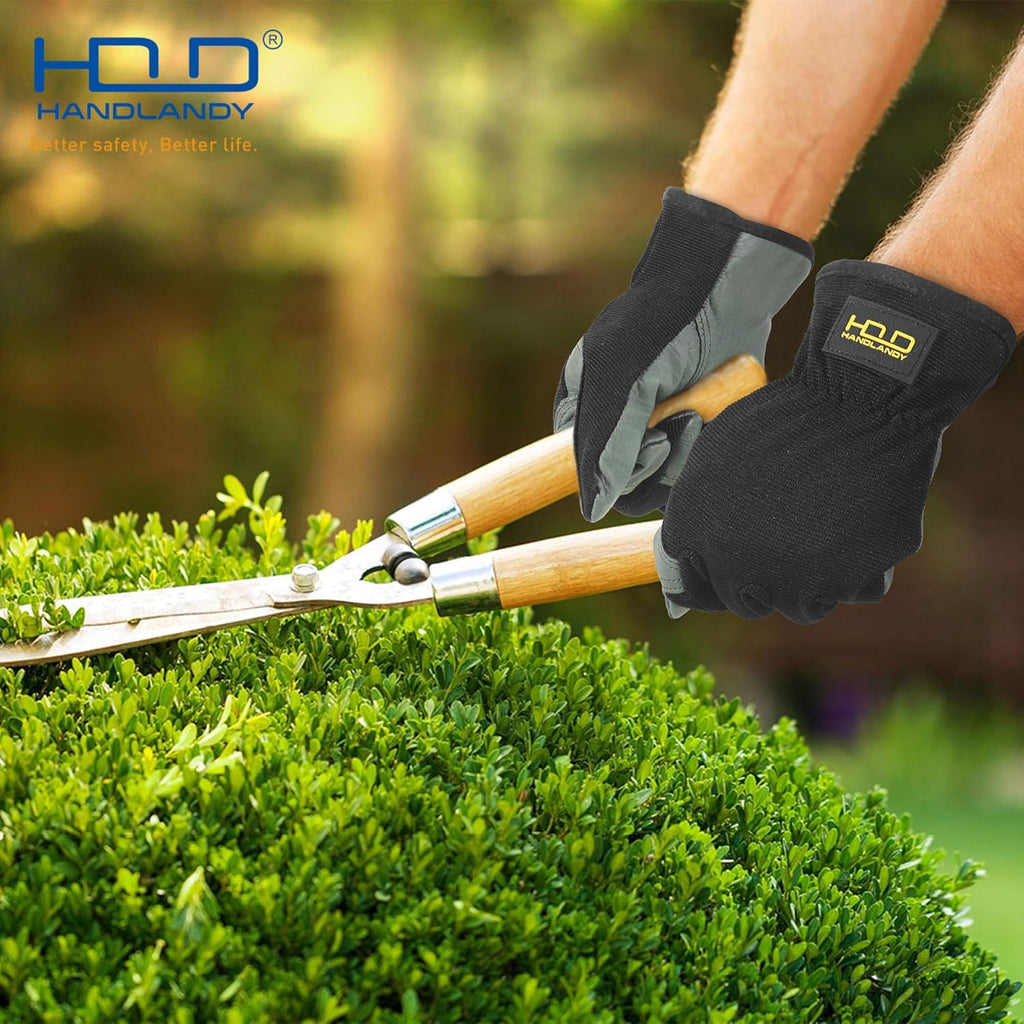 HLDD HANDLANDY Leather Gardening Gloves for Men, Utility Work Gloves for Gardening, Yardwork, Construction, Mechanics with Reinforced Palm, Green S