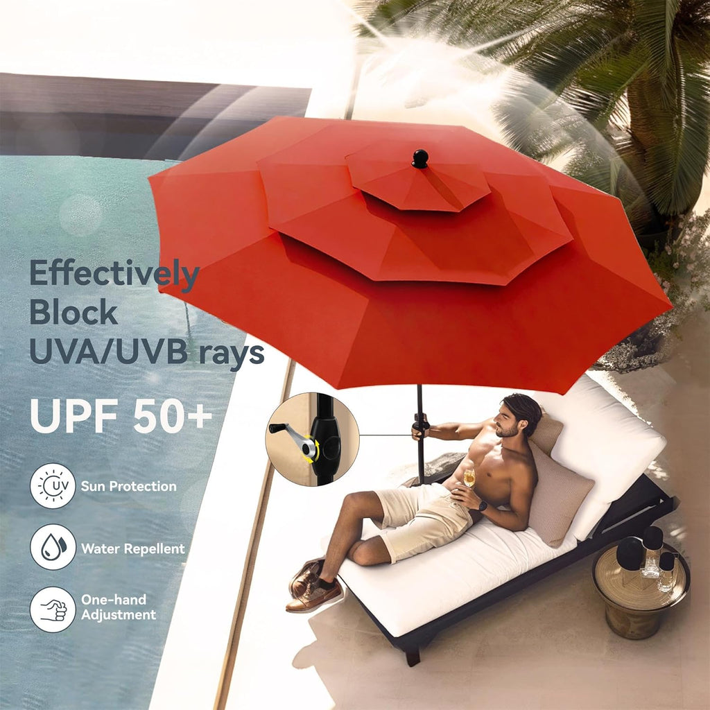 PHI VILLA Patio Dining Set with Umbrella for 4, Outdoor Table & Chairs Set with 4 Padded Swivel Patio Dining Chairs, 1 Metal Dining Table and 10ft Orange Red Large Patio Umbrella (No Umbrella Base)