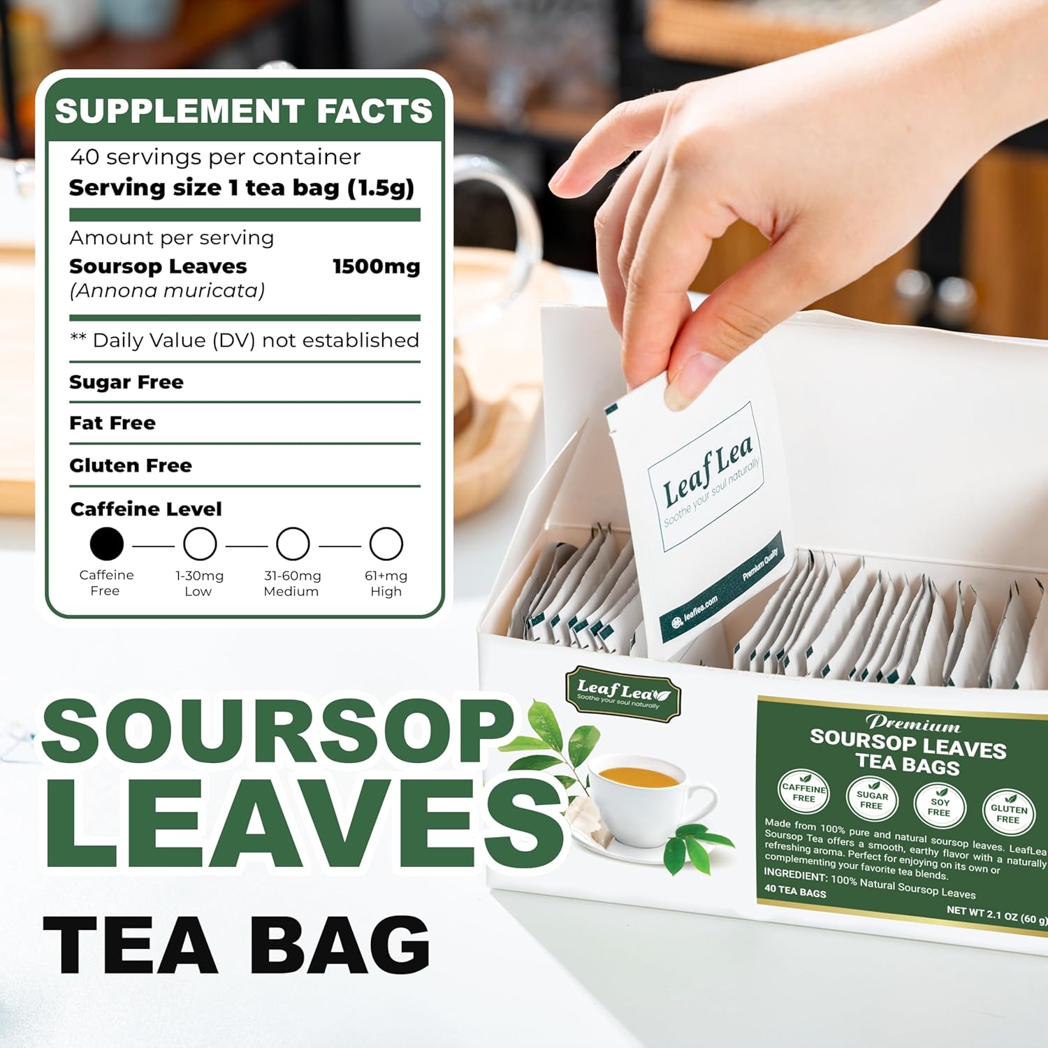 LeafLea 120 Soursop Tea Bags, from 100% Natural Pure Soursop Graviola Leaves, Improve Digestion, Support Healthy Skin & Sleep, Herbal Tea Caffeine-free, Hojas De Guanabana Tea, Non-GMO, Pack of 3