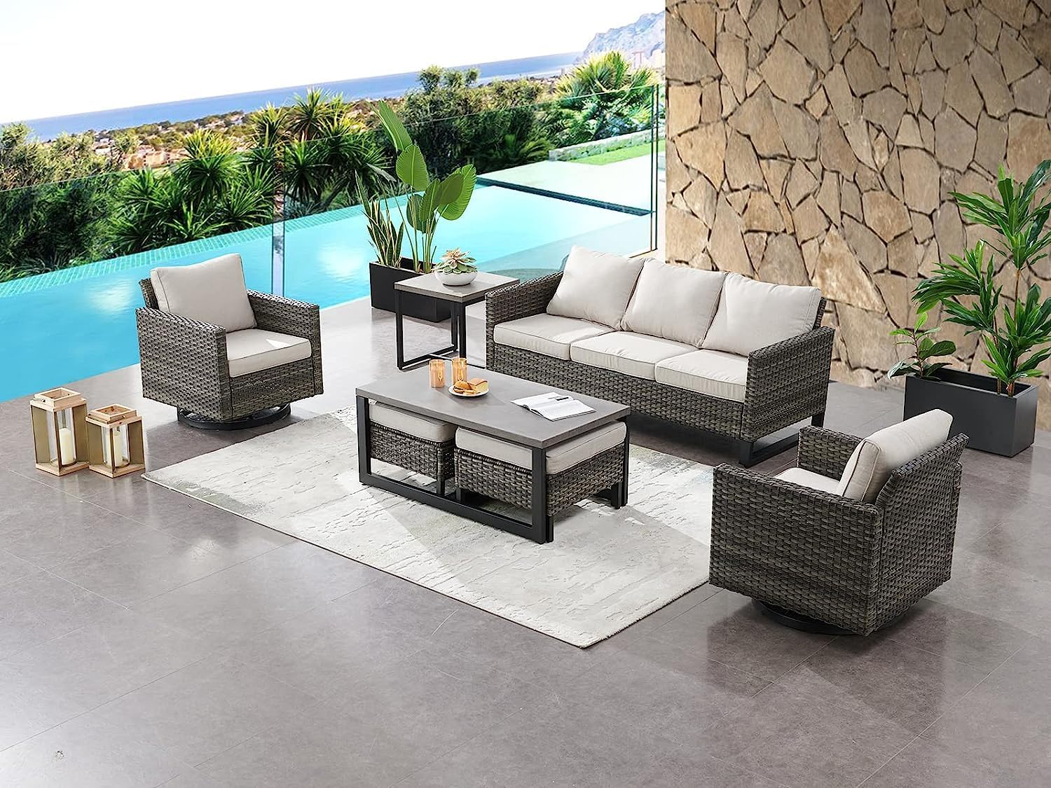 HUMMUH 3-Piece Patio Swivel Chairs,PE Wicker Outdoor Rocking Chairs Bistro Set with Side Table Porch Balcony Furniture with Cushions