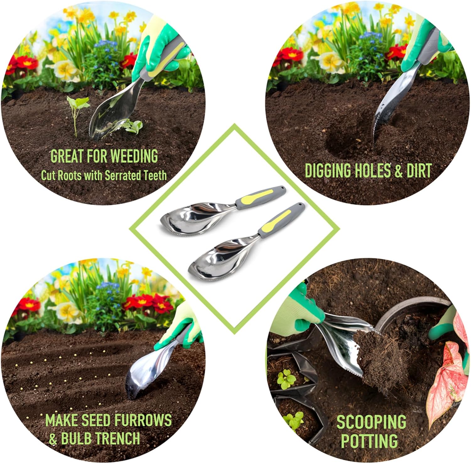 Jardineer 2Pack Garden Trowel, Stainless Steel Hand Shovel with Ergonomic Handle, Multi-Use Soil Scoops for Digging, Planting, Transplanting, Cultivating(Blue)