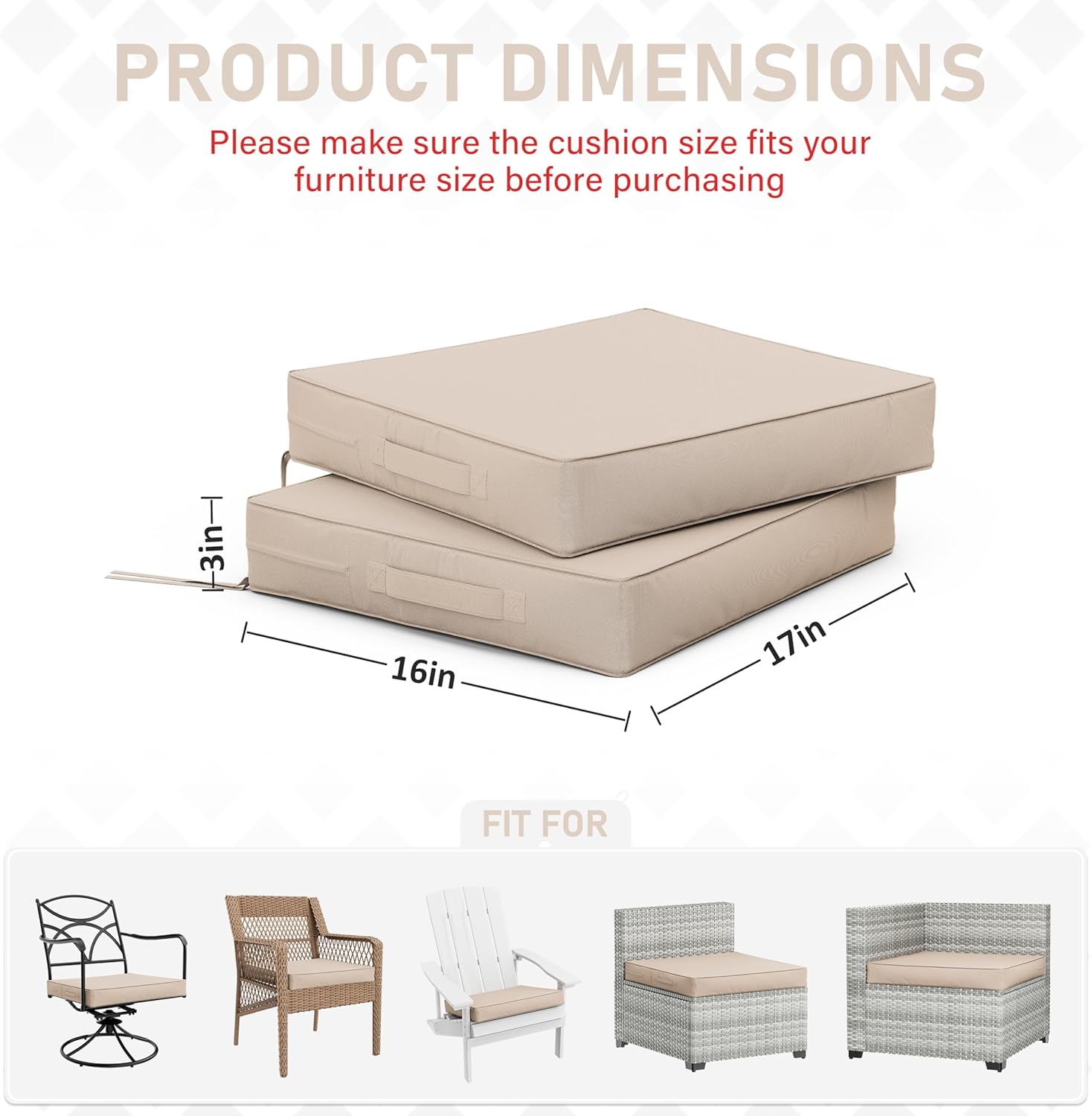 Patio Chair Cushions 17 X 16 X 3 Inch Waterproof Outdoor Seat Cushions for Patio Furniture, Outdoor Sofa Couch Pads with Ties & Handle, Set of 2, Sand