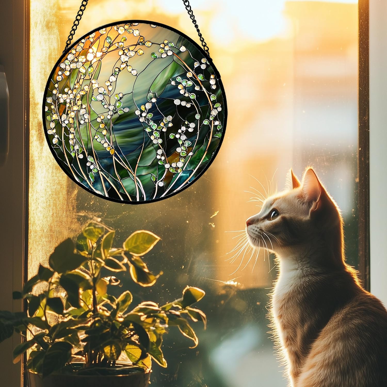 Stained Glass Suncatcher, Yellow Green Gradient Flower Sun Catcher Plants Stain Glass Window Hanging Decoration Mother's Day Birthday Gifts for Women Men Mom and Nana 15 in