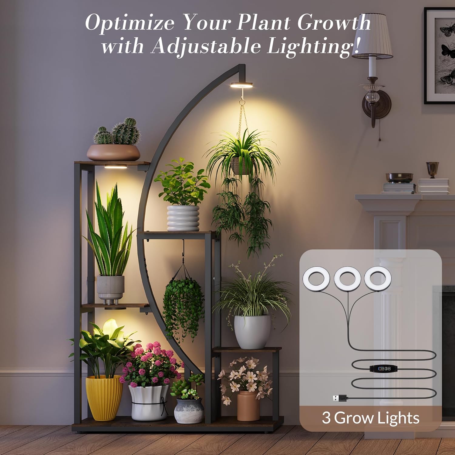 61” Tall Metal Plant Stand with Grow Lights, Tiered Indoor Shelf for Multiple Plants, Large Corner Display Rack with Adjustable Lamps, Hanging Hooks & Wooden Shelves for Living Room, Patio Balcony