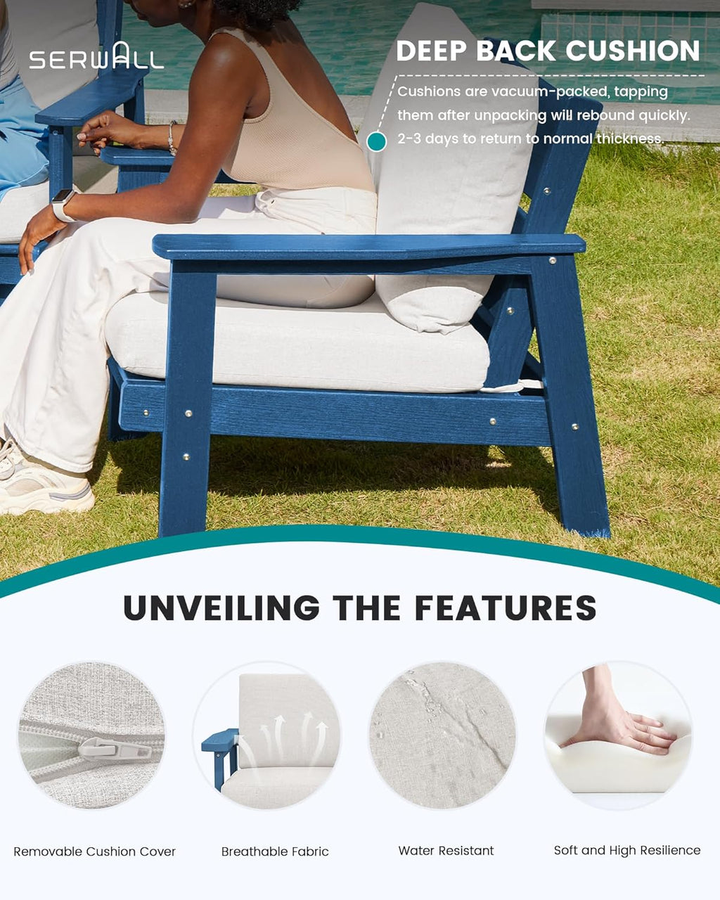 SERWALL 4 Piece HDPE Outdoor Furniture Set, All Weather Wood-Like Outdoor Sofa Sectional Couch, Bllue Patio Furniture Set with Khaki Cushions
