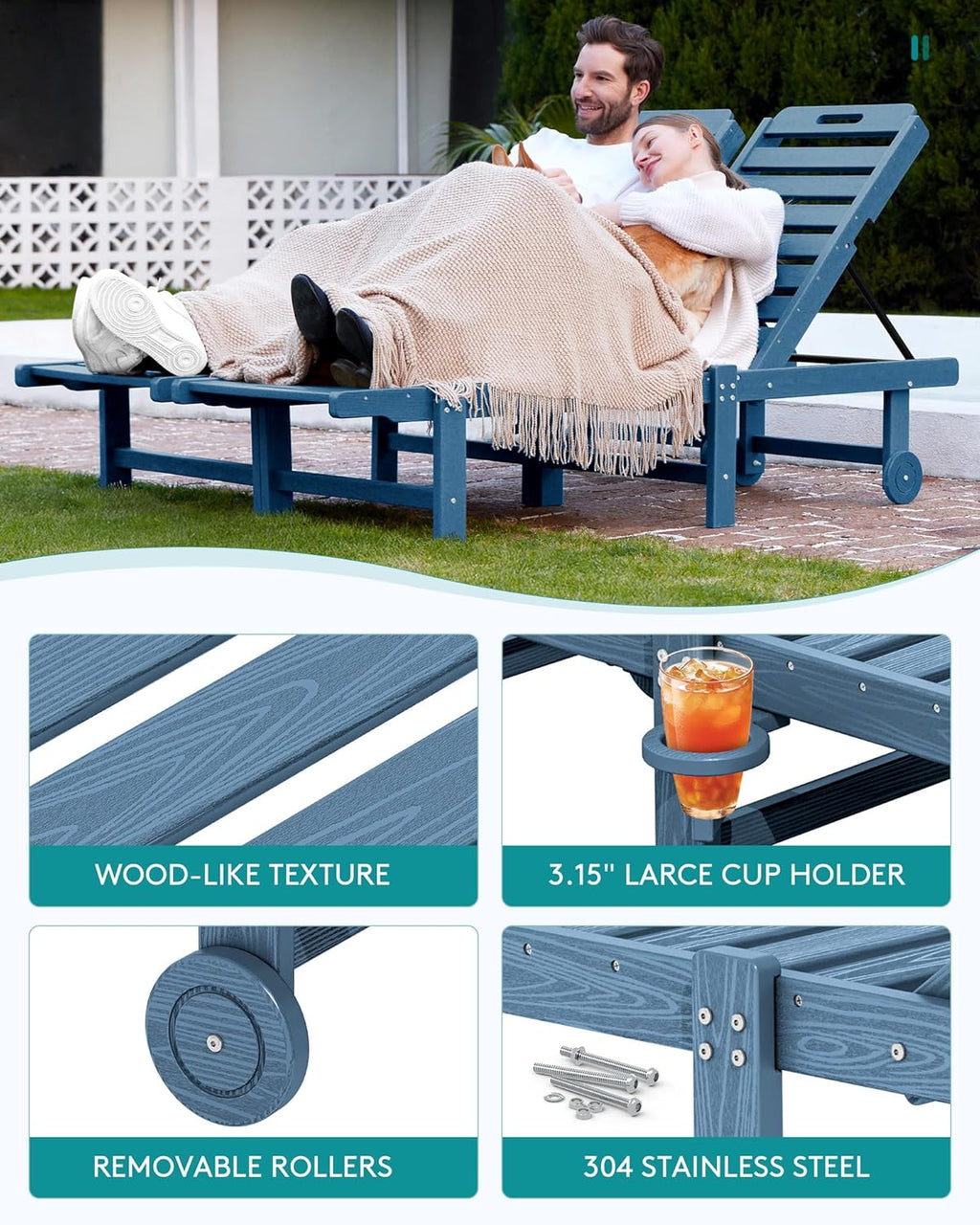 SERWALL Outdoor Chaise Lounge, 78" Length Patio Chaise Lounge Chair with 5 Positions Adjustable Backrest, HDPE Lounge Chair with Rolling Wheels & Cup Holder for Pool, Blue