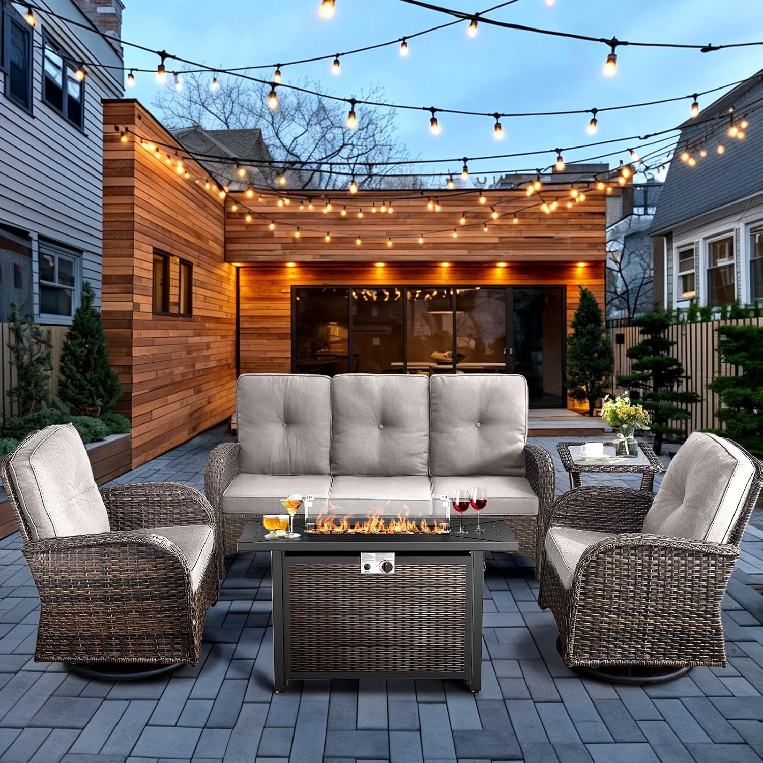 HUMMUH 5-Piece Patio Furniture Set with Fire Pit,Wicker Outdoor Swivel Rocker Chairs Patio Sofa for Backyard,Poolside,Deck