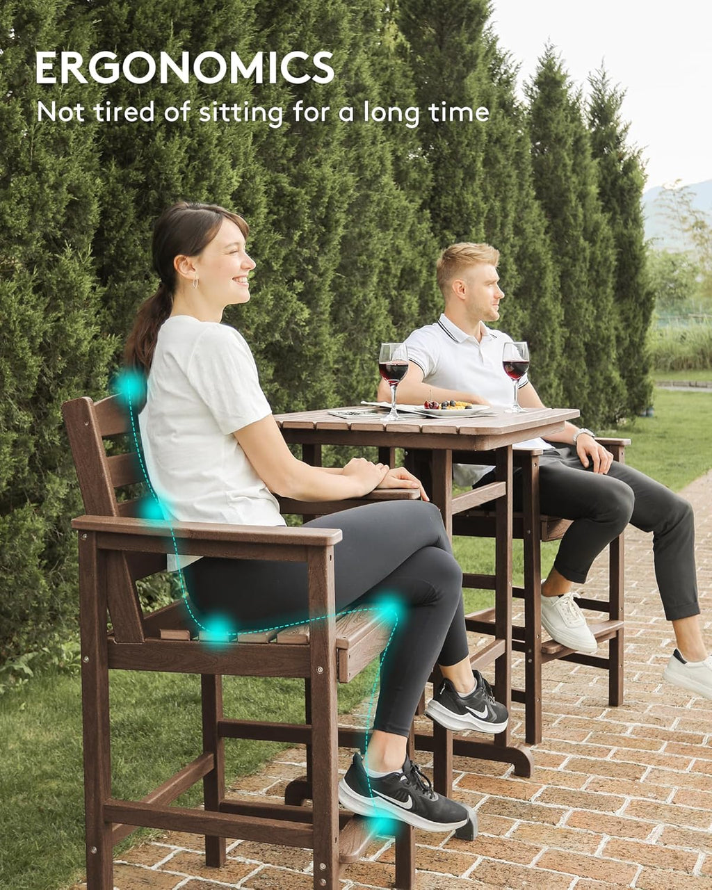 SERWALL Balcony Adirondack Chairs and Table 3 Pieces Set, Adirondack Bar Height Chairs Set of 2 and Bar Table, Outdoor Bar Stools Set for Bistro, Poolside, Backyard, Brown