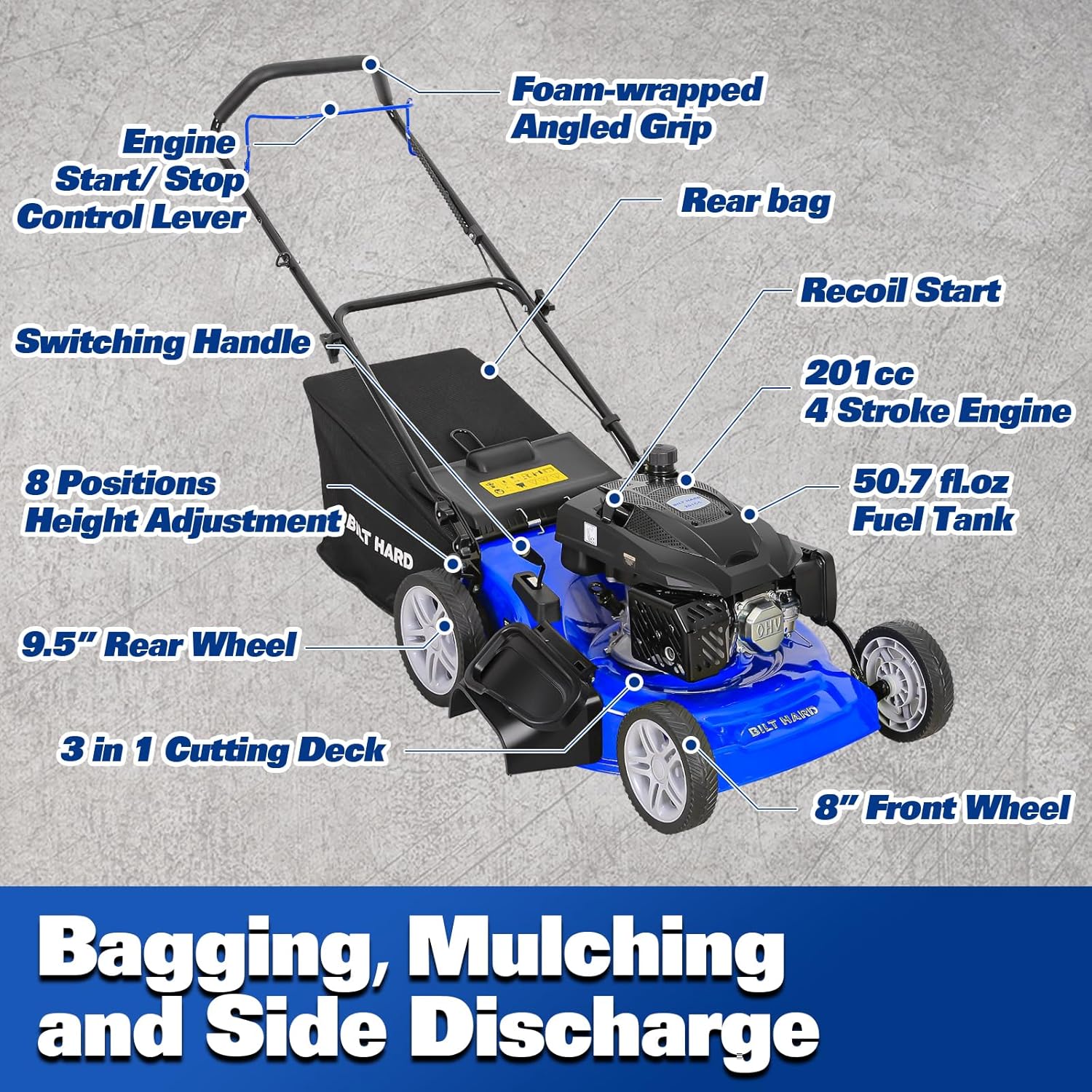 BILT HARD 21 Inch 201cc 4-Cycle Engine Push Lawn Mower, 3-in-1 Gas Lawn Mower with Bagging, Mulching and Side Discharge, Easy Start with Adjustable 8-Positions Cutting Height for Lawn, Yard, Garden