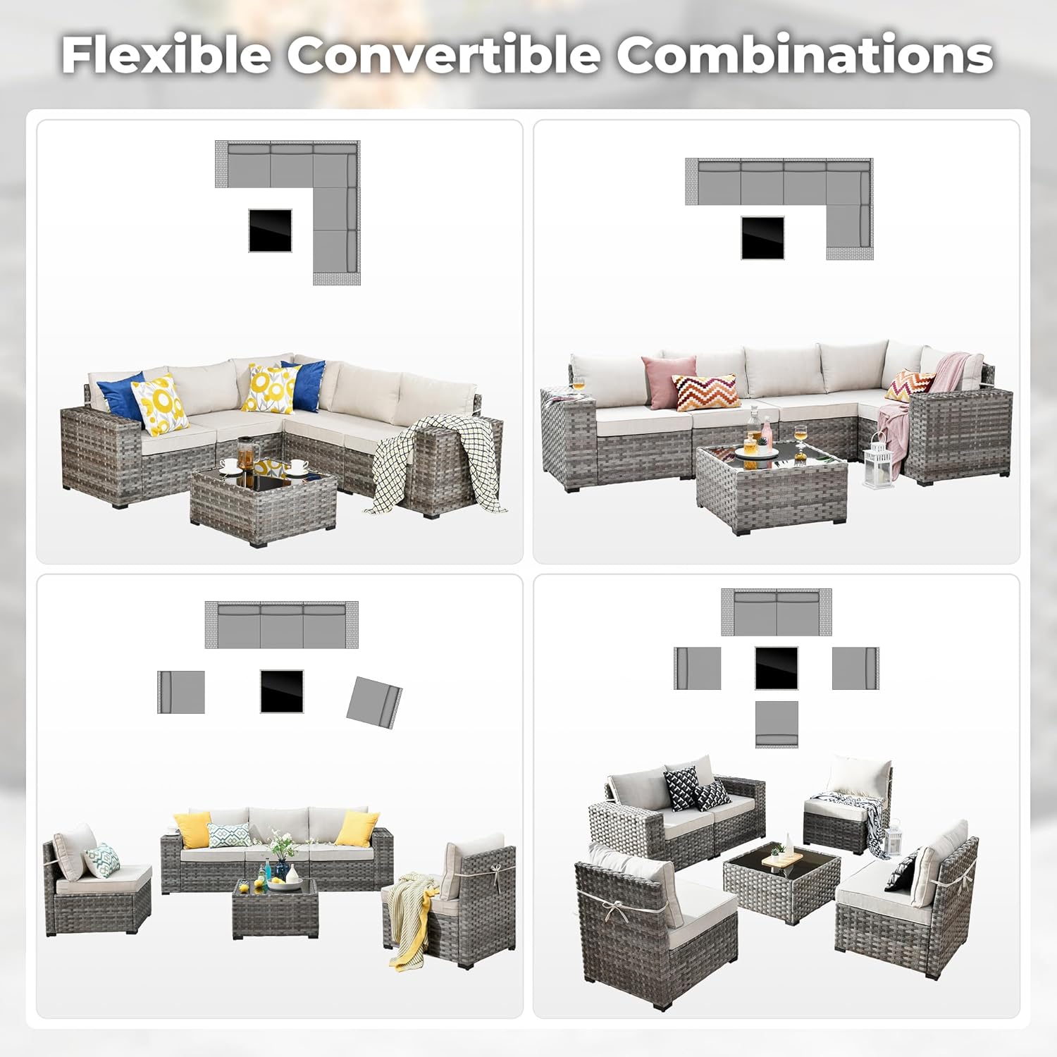 ovios 6 Pieces Patio Furniture Set, Outdoor Wicker Sectional Sofa with Glass Table Comfy Cushions, Modern Modular Deep Seat Couch Rattan Conversation Set, Beige