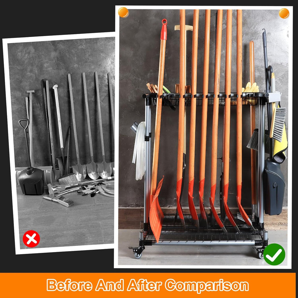 Garden Tool Storage Rack with Wheels Heavy-Duty Organizer for Garage, Yard, and Garden Tools