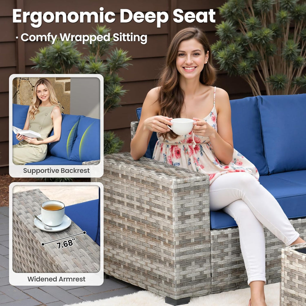 ovios 12 Pieces Patio Furniture Set, Outdoor Wicker Sectional Sofa with Glass Table Comfy Cushions, Modern Modular Deep Seat Couch Rattan Conversation Set, Navy Blue