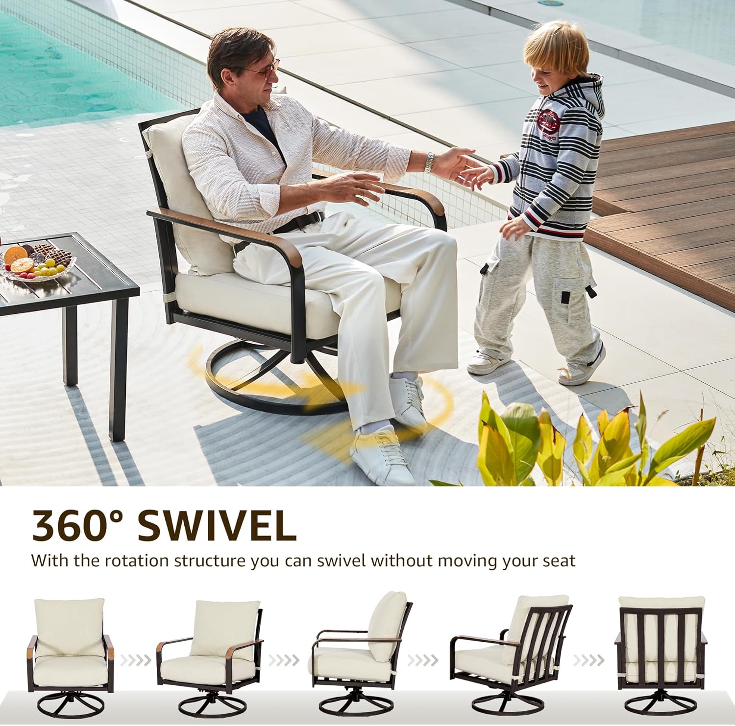NATURAL EXPRESSIONS Outdoor Bistro Set, 3 Piece Swivel Glider Rocking Chairs Patio Conversation Furniture Set with 2 Rockers, 1 Metal Table and 6" Thick Cushions for Backyard, Porch, Balcony, 350lbs.