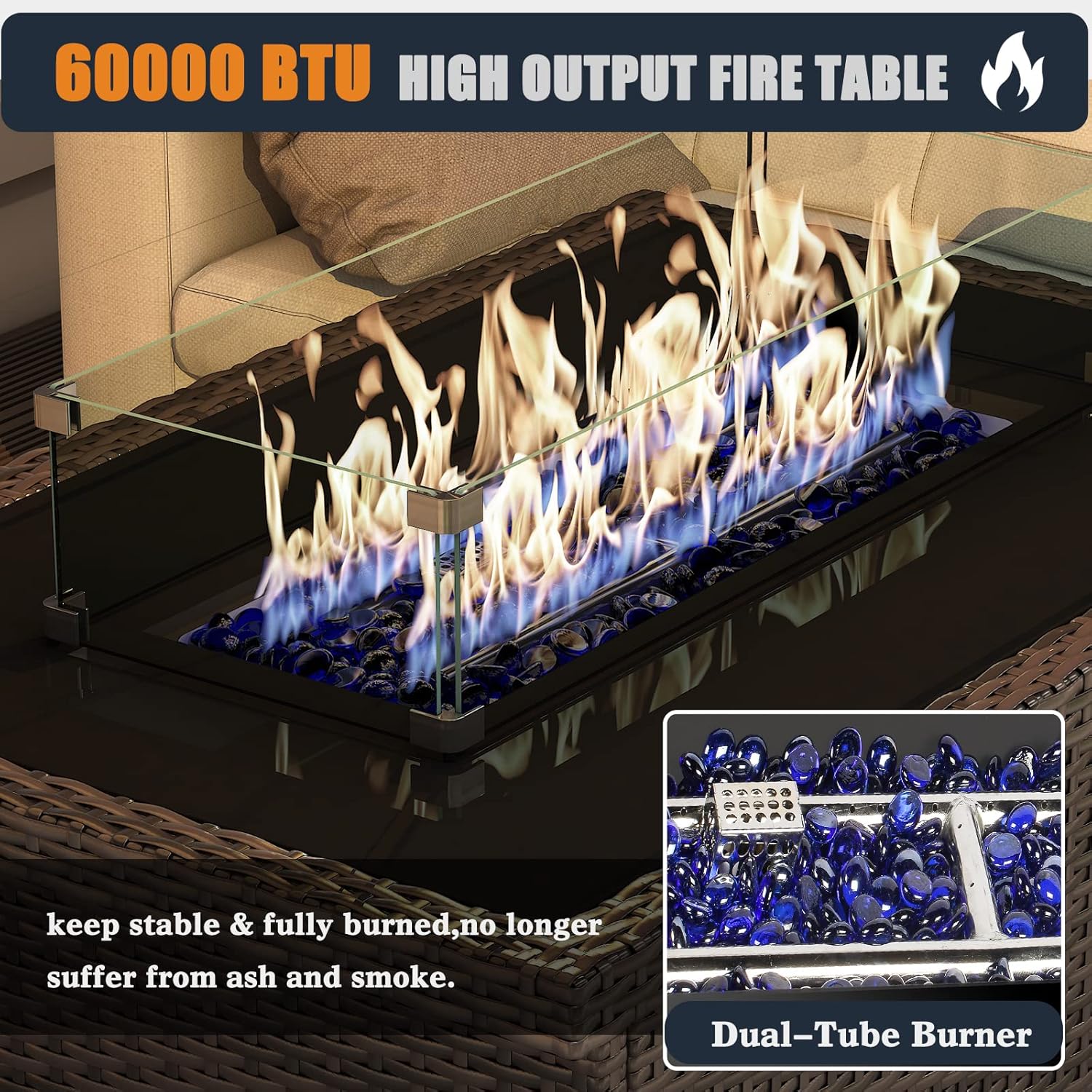 44 Inch Propane Gas Fire Pits Table for Outside Patio, 60000 BTU Rectangular Outdoor Wicker Rattan Fire Pit with Glass Wind Guard