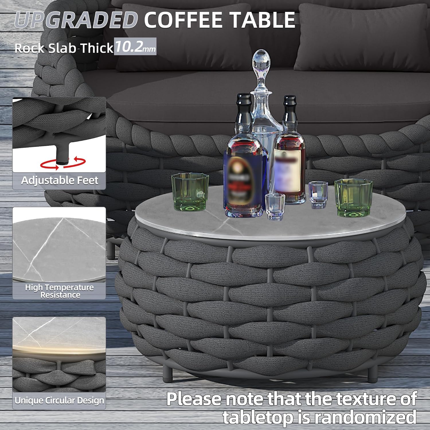TWT 3 Pieces Aluminum Patio Furniture Set, Hand Woven Textilene Rope Outdoor Sofa Set w/Washable Cushion and Rock Slab Tabletop, Conversation Furniture for Livingroom Poolside Balcony (Dark Grey)