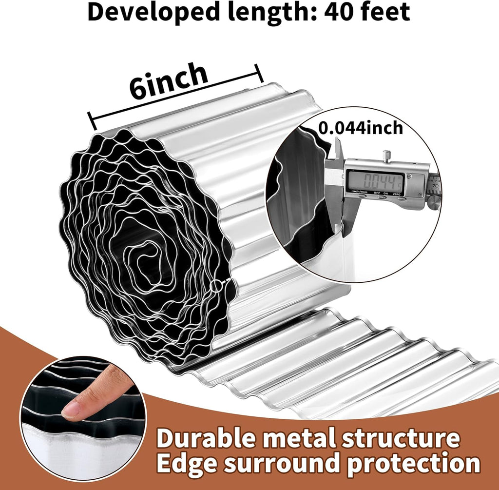 Corrugated Metal Garden Edging, 6"×40Ft Durable Metal Landscape Edging, Modern Corrugated Design for DIY Flower Beds and Landscaping Borders(Silver)